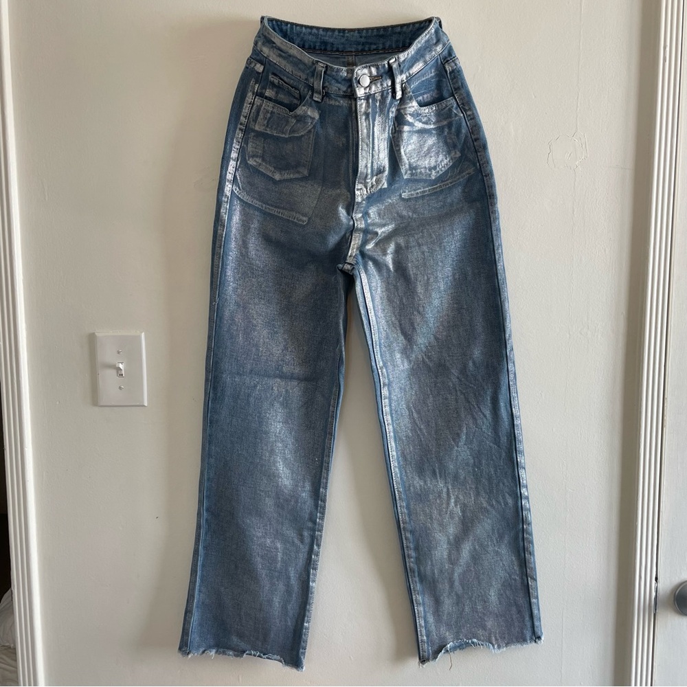 SHEIN | High Waisted Metallic Coated Jeans | Women’s Size 28| Straight Leg